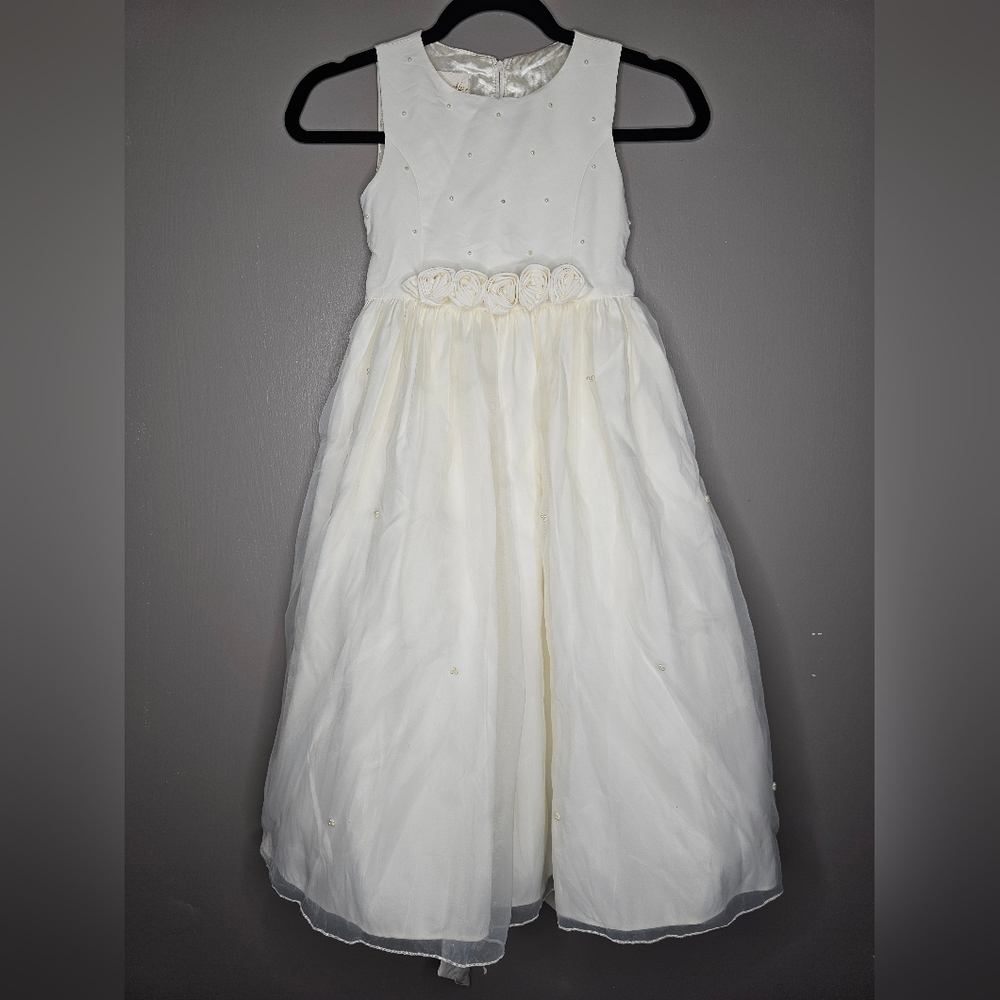 Girls Ivory Flower-Trim Sleeveless Dress